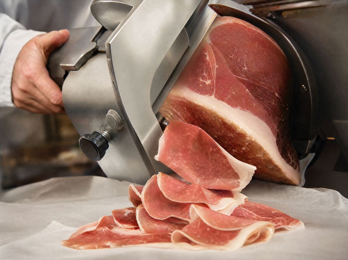A deli slicer shaving paper-thin slices of prosciutto