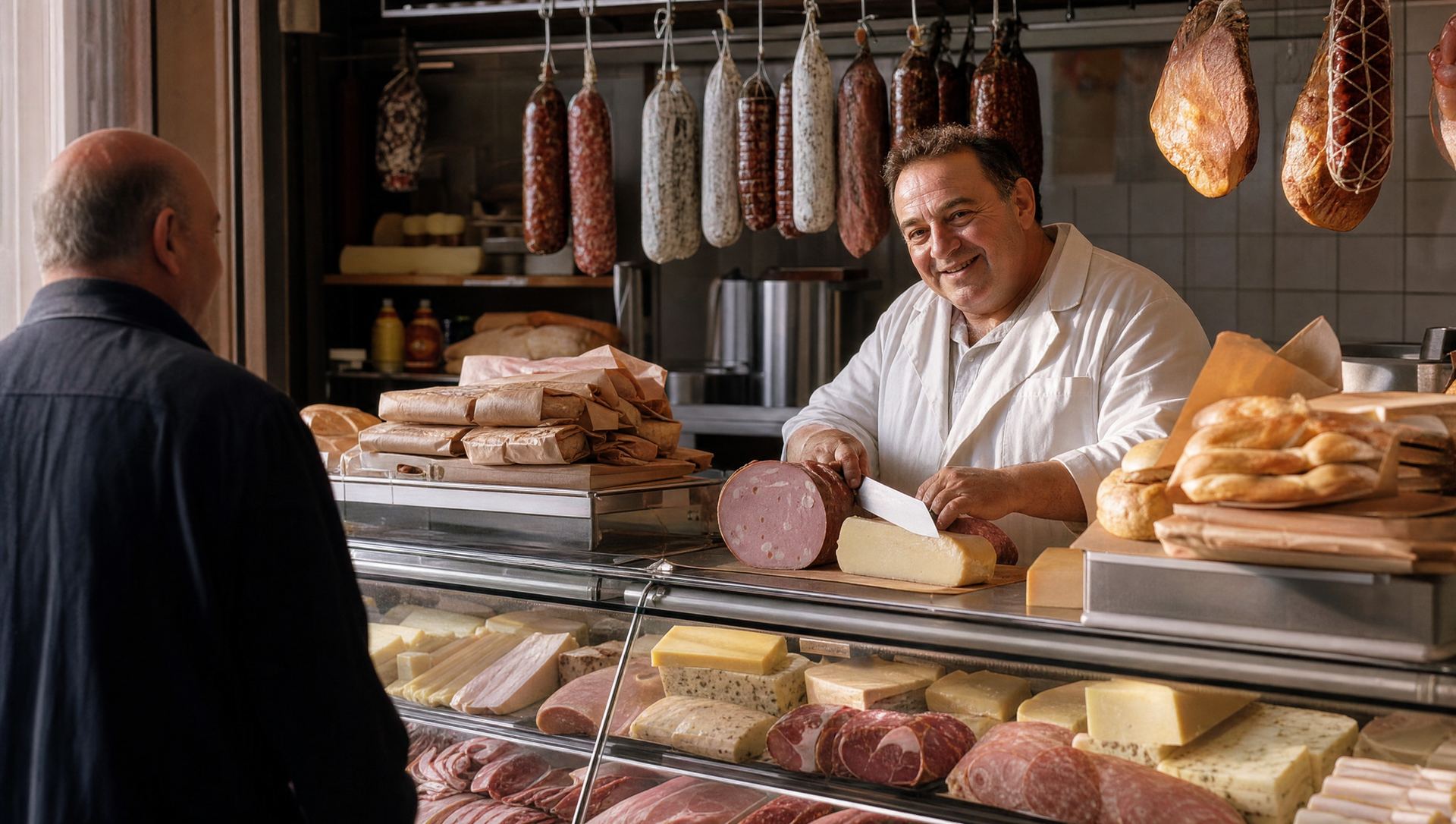 The counterman smiling behind a deli case full of cold cuts and cheeses, salami hanging overhead