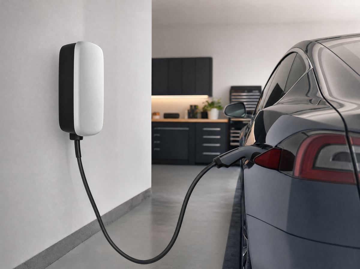 Wall-mounted EV charger in a clean garage with a car plugged in