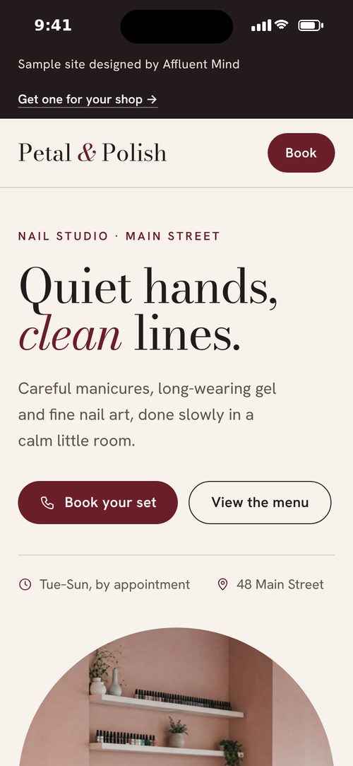 Petal & Polish, a sample nail studio site, on a phone