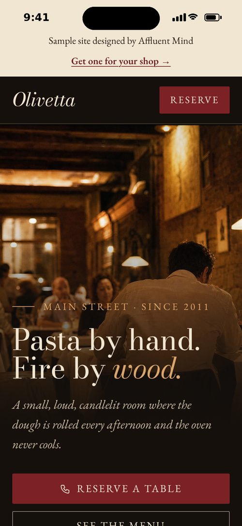 Olivetta, a sample restaurant site, on a phone