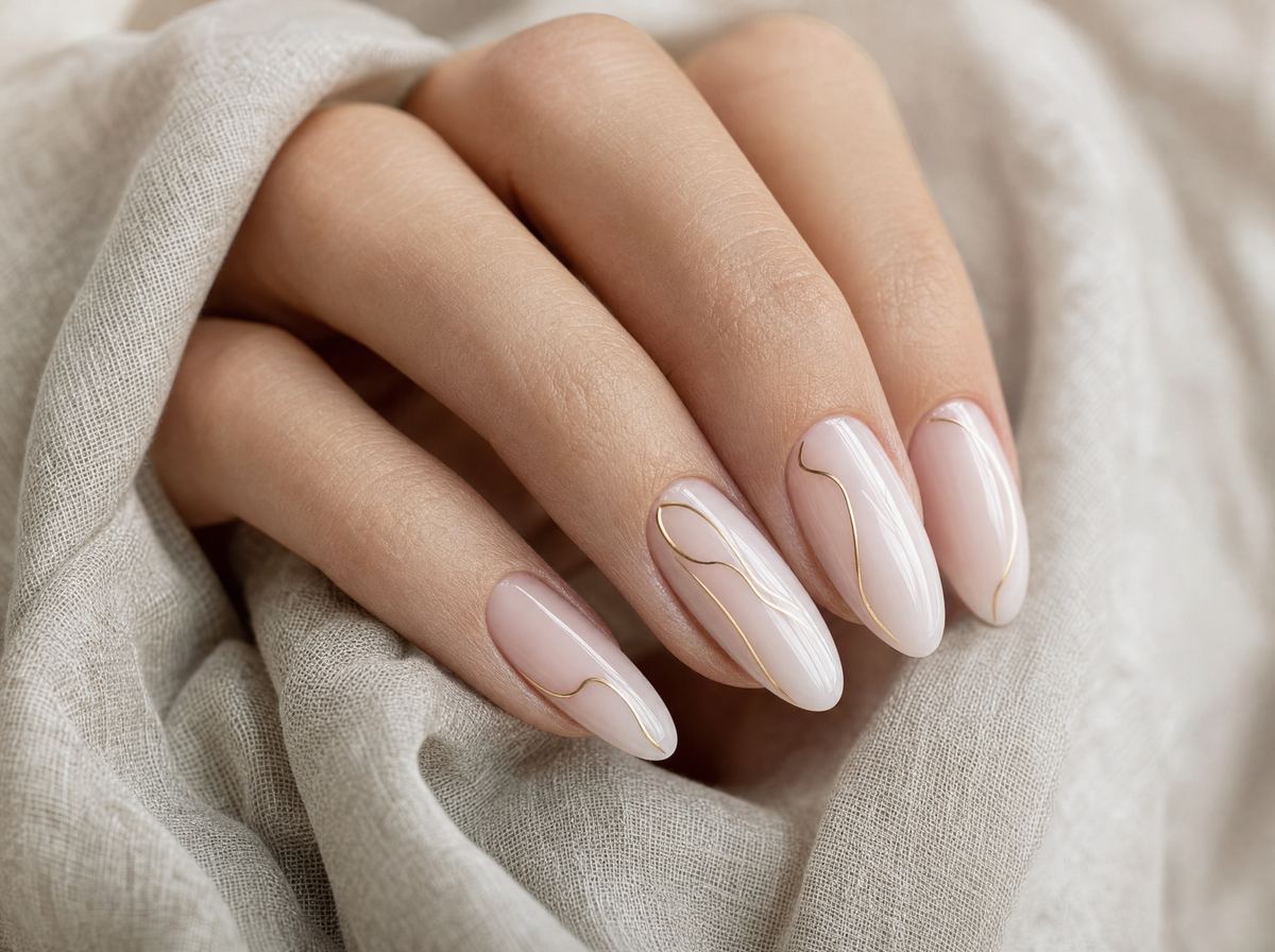 Milky pink almond nails with fine gold line art