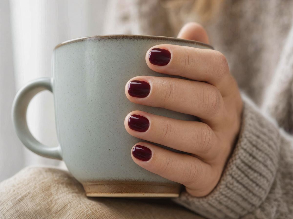 Short burgundy gel nails holding a cup of coffee