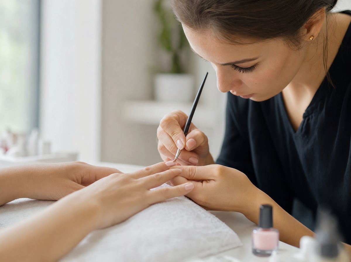 A nail technician carefully painting a client’s nails